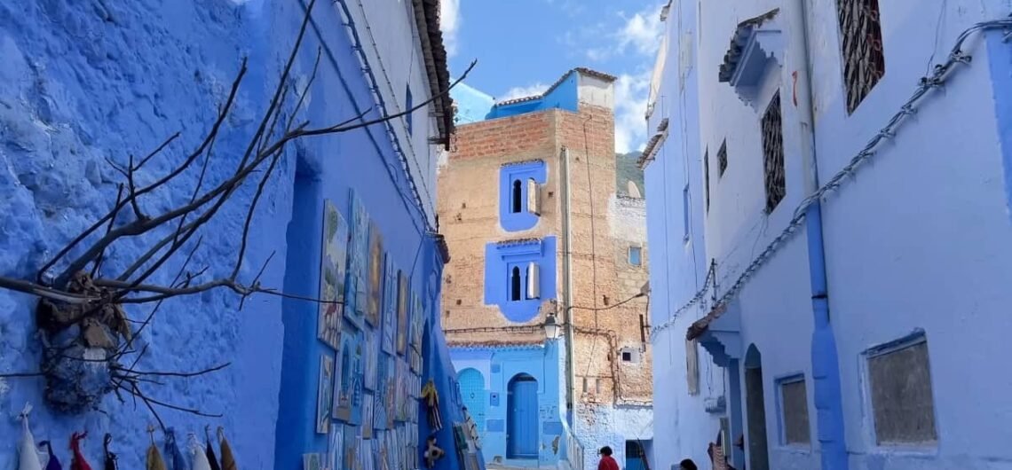 Iconic blue-painted street in Chefchaouen, Morocco, known as the Blue Pearl, featured on a full-day tour from Tangier