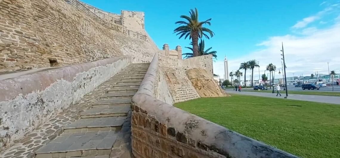 Historic Kasbah wall in Tangier, Morocco, showcasing traditional architecture on a walking tour