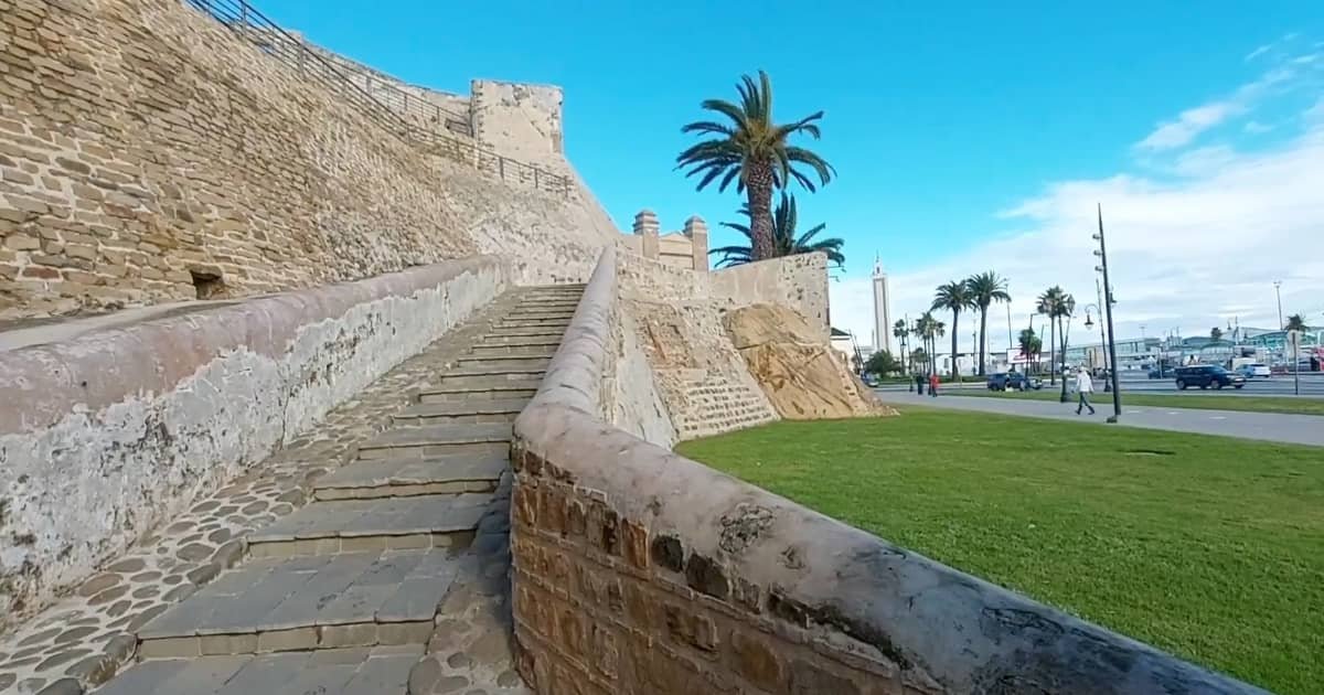 Tangier Medina Walking Tour | Kasbah & Souks Exploration Historic Kasbah wall in Tangier, Morocco, showcasing traditional architecture on a walking tour